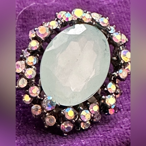 Clip On Earrings Blue Glass & Aurora Borealis Crystals Gun Metal Oval 1’ 3373 B - Picture 7 of 10